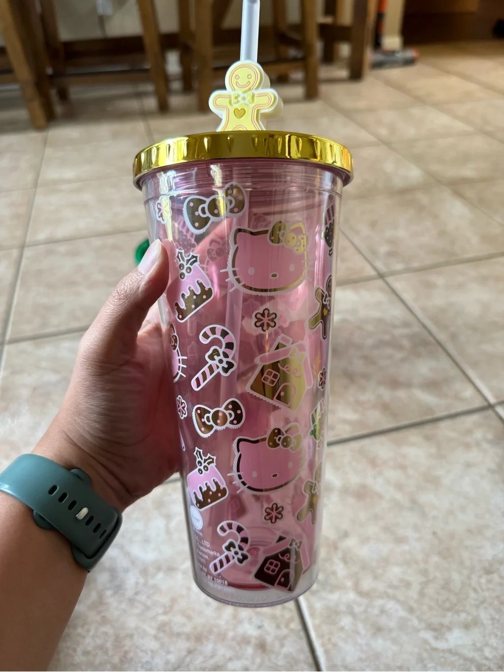 Sanrio Hello Kitty Pink Cup Duo with Green & Gold Lids and Gingerbread Toppers